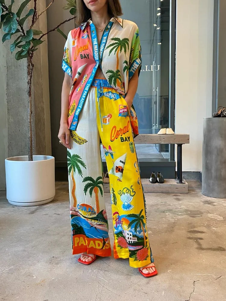 Holiday Print Shirt Womens Suit Fashion Loose Single Breasted Top Female Sets Summer High Waist Wide Leg Pants Set 240423