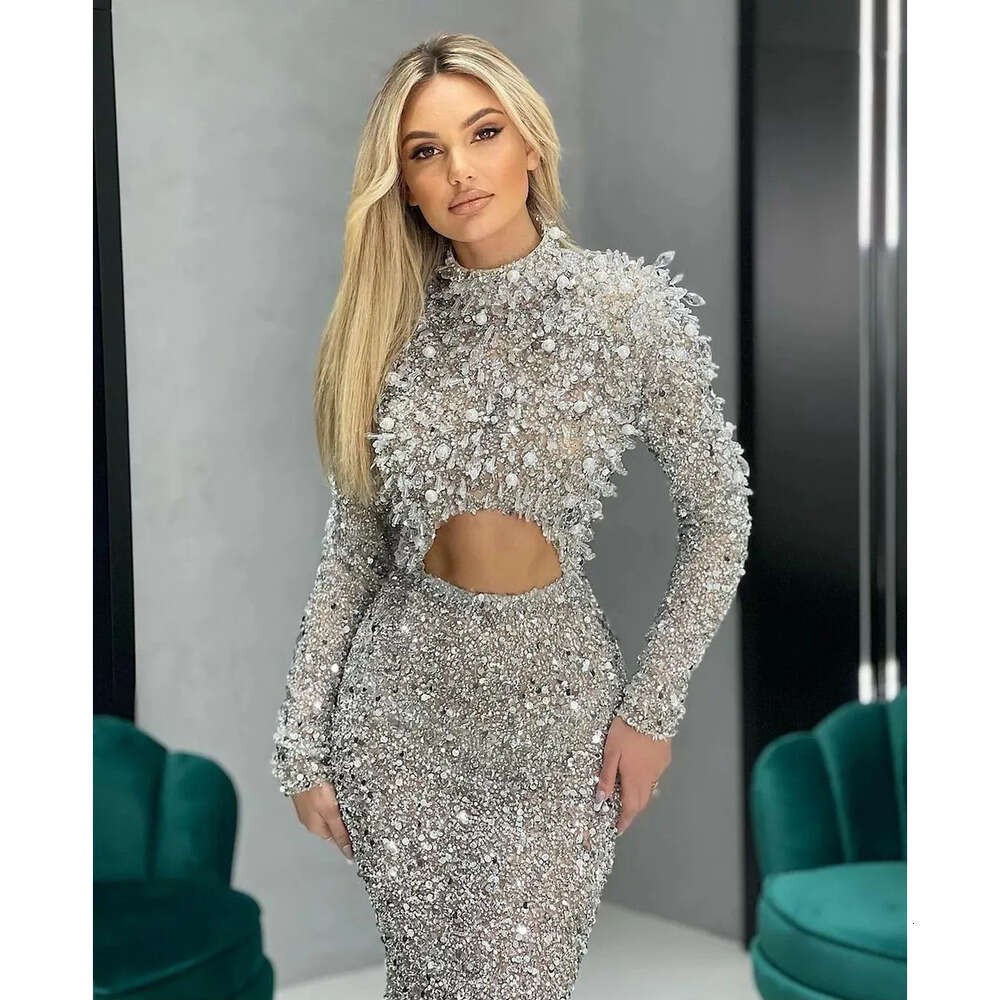Green Sage Prom Dress Sequined High Neck Custom Formal Evening Party Gown