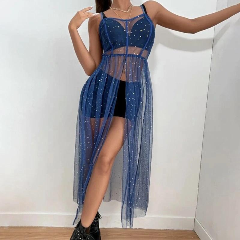 Fashion Beach Cover Up Dress Perspective Mesh Shiny Glitter Decoration Front Opening Bikini Vacation Swimsuit Woman 2024