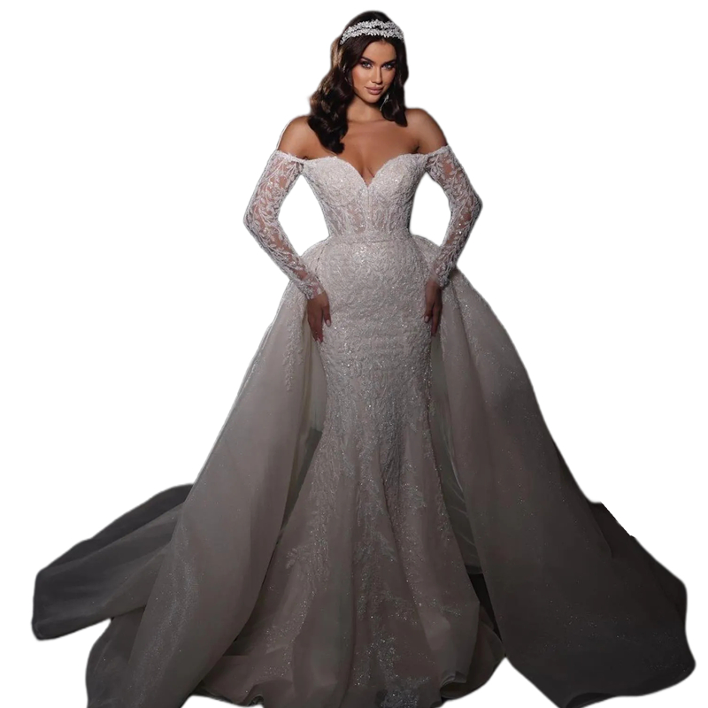 Luxury Lace Mermaid Wedding Dresses With Detachable Train 2024 Glitter Beads Sequins Long Sleeves Bridal Gowns Off The Shoulder Sweetheart Neck