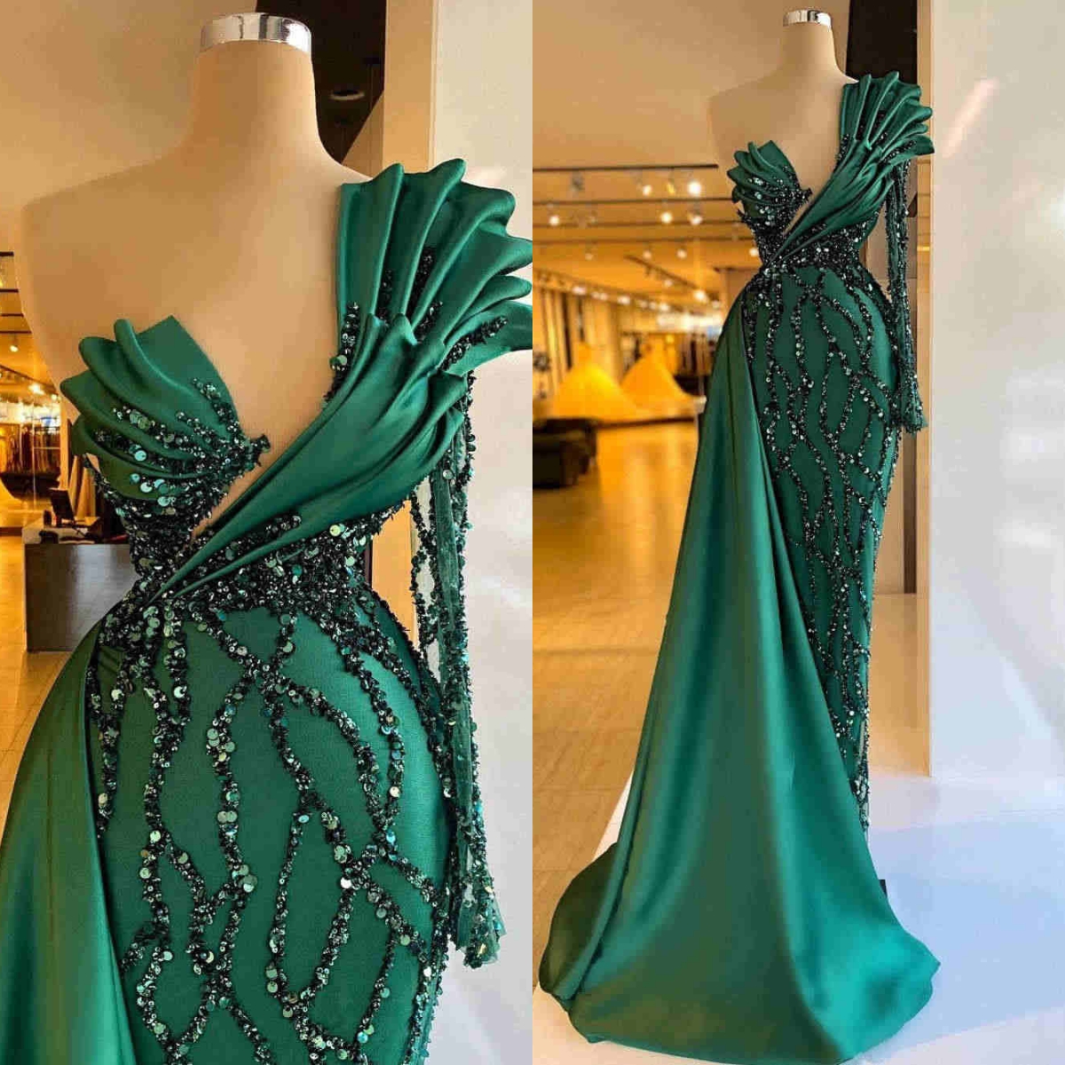 Sparkling Mermaid Prom Dresses V Neck One Shoulder Long Sleeve Sweep Dress Lace Appliques Sequins Celebrity Evening Dresses Plus Size Custom Made L247