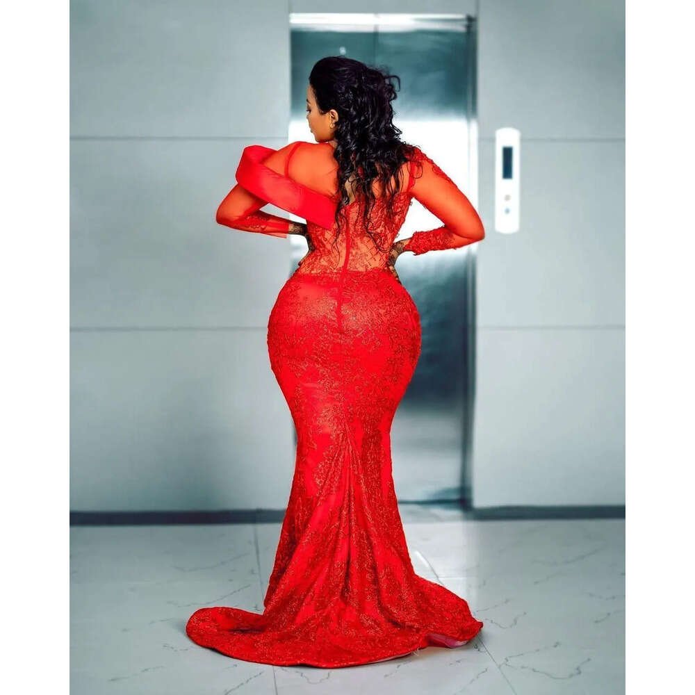 Evening Long Sleeves Designer Lace Red Dresses Applique Beaded Jewel Neck Plus Size Pleats Prom Gown Formal Custom Made Vestidos