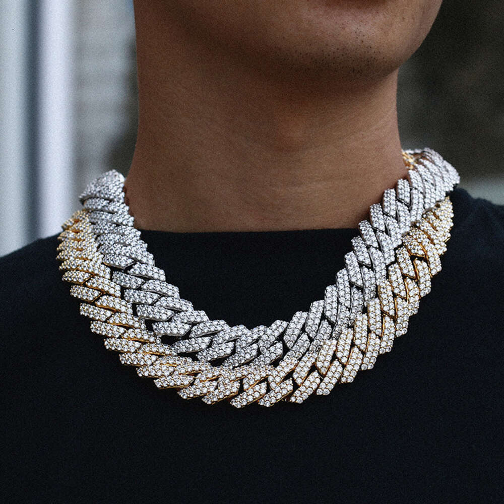 925 Silver Vermeil Iced Out Diamonds Moissanite Necklace 20mm 2 Rows Prong Cuban Chain Necklace Bracelet Hip Hop Jewelry for Men