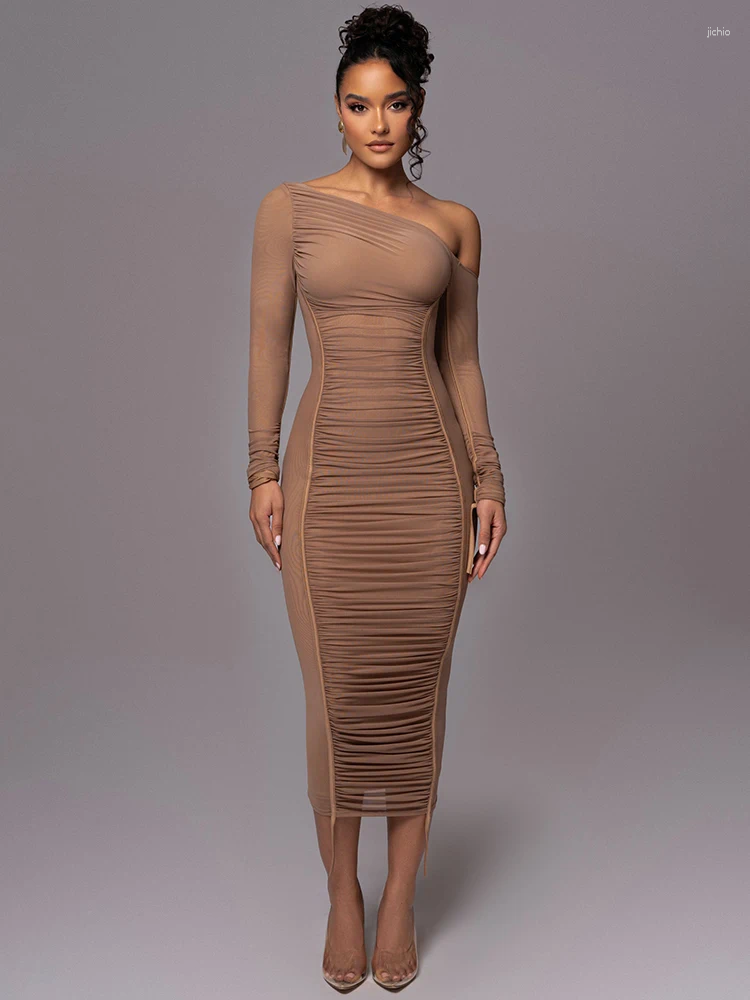 Casual Dresses Mozision Diagonal Collar Long Sleeve Midi Dress For Women Two Layer Mesh Backless Ruched Bodycon Club Party Sexy