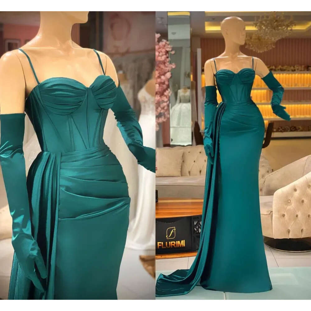 Straps Prom Spaghetti Turquoise 2024 Mermaid Dresses Custom Made Plus Size Sweep Train Satin Celebrity Party Ball Gown Formal Evening Wear Vestidos 02