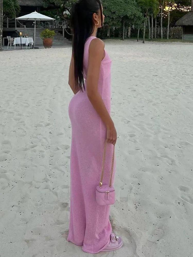 Casual Dresses Knitted Round Neck Ruched Women Maxi Dress Sleeveless See Through Female Summer Skinny Elegant Party Beachwear