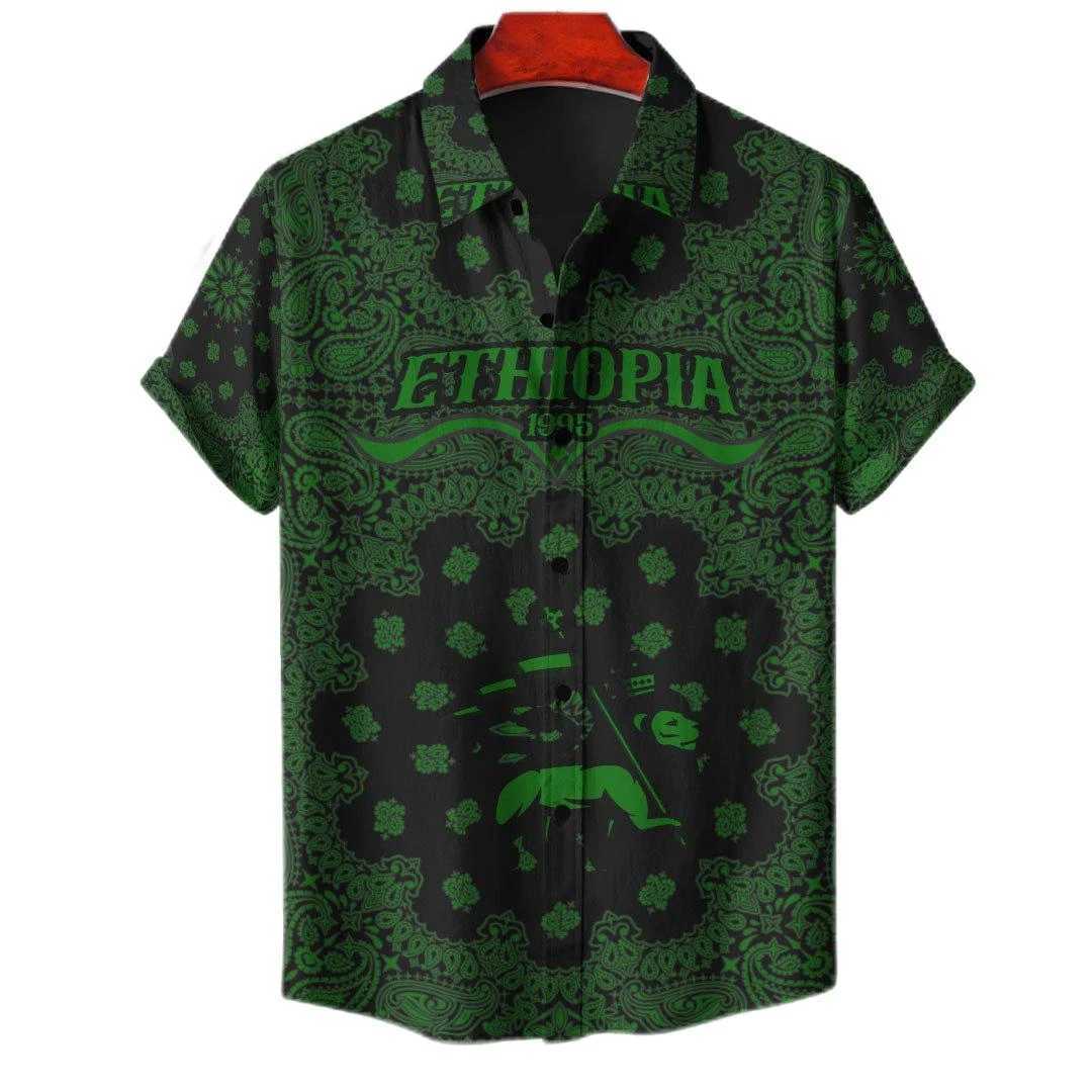 Men's Casual Shirts Ethiopia Africa County Flag Map Short Slve Shirts For Men Clothes Orthodox T National Emblem Graphic Blouses Hawaii Boy Tops 