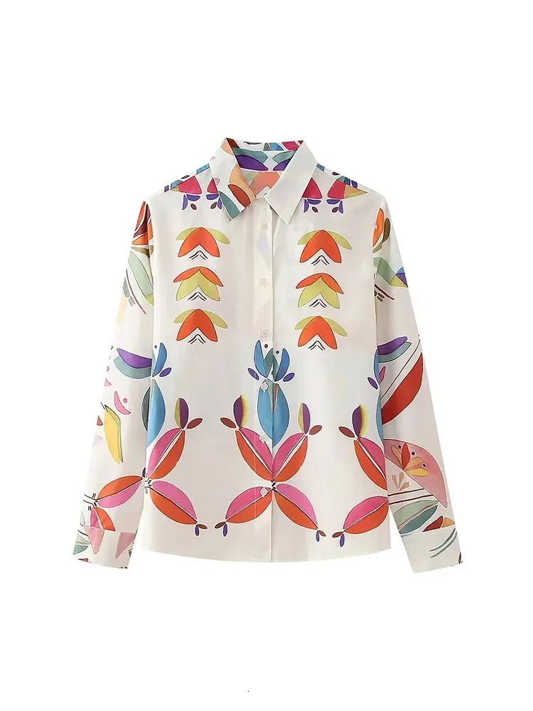 Nlzgmsj TRAF Spring Summer Printed Women Loose Shirt Suits Long Sleeve Casual Blouse Female Wide Pants Sets Y2K 240423