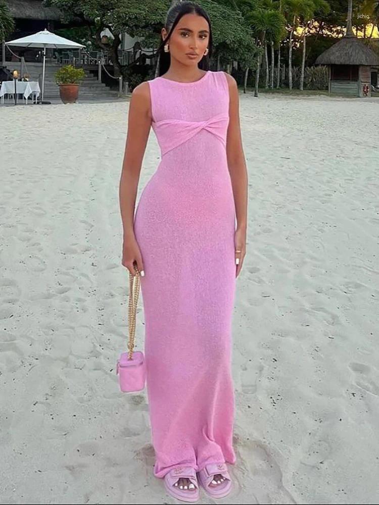 Casual Dresses Knitted Round Neck Ruched Women Maxi Dress Sleeveless See Through Female Summer Skinny Elegant Party Beachwear