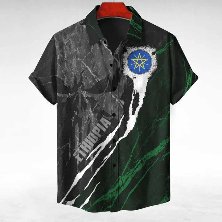 Men's Casual Shirts Ethiopia Africa County Flag Map Short Slve Shirts For Men Clothes Orthodox T National Emblem Graphic Blouses Hawaii Boy Tops 