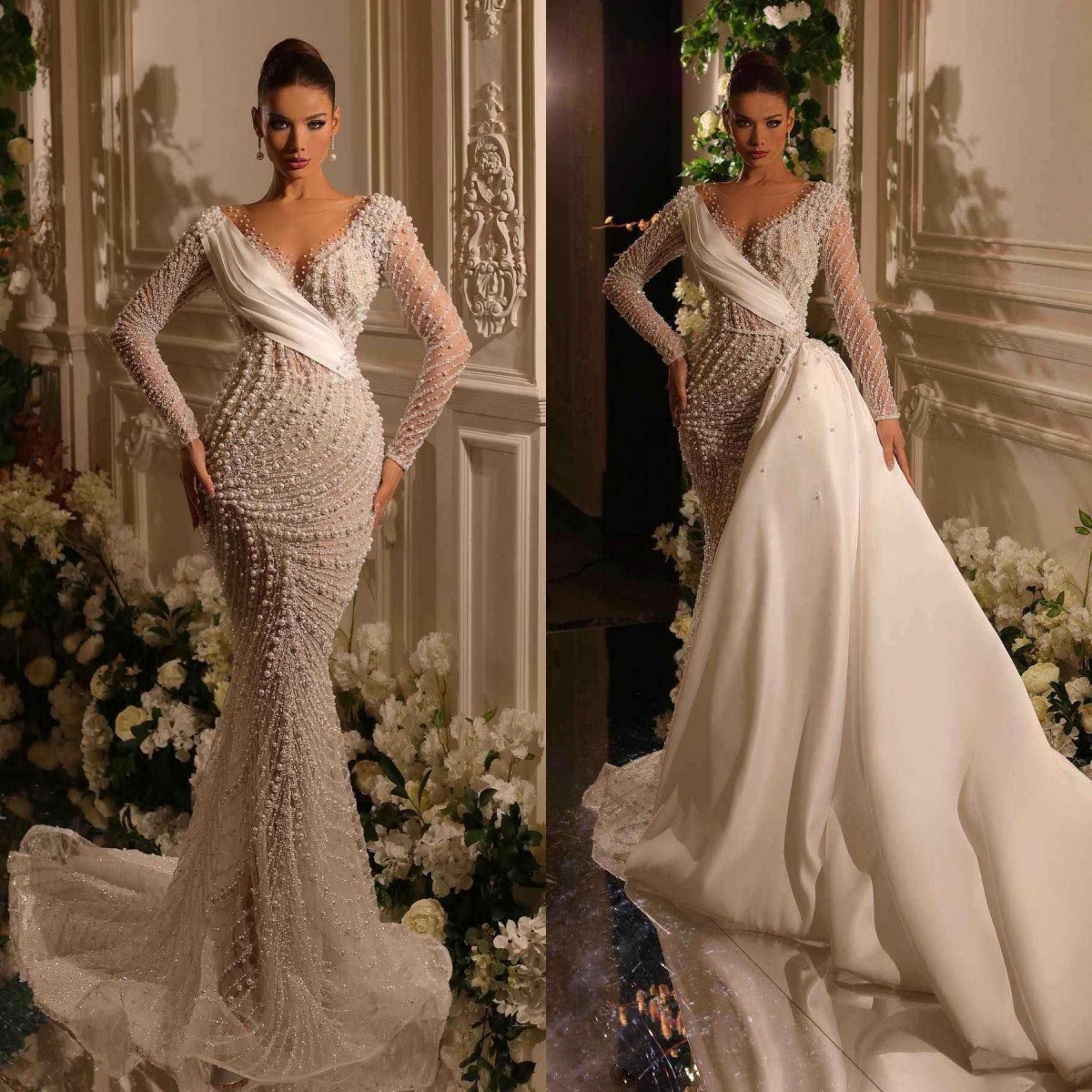 Elegant Wedding Dresses Pearls Sequins Mermaid Bridal Gowns with Detachable Train Custom Made Illusion Bride Dress Vestidos De Novia