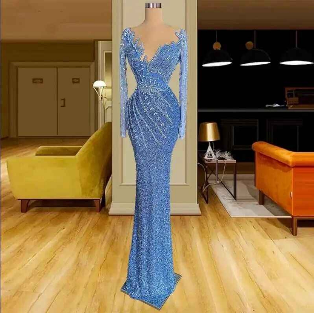 Blue Column Prom Dresses V-Neck Long-Sleeve Floor Length Lace Design Appliques Sequins Beading Celebrity Evening Dresses Plus Size Custom Made L24743