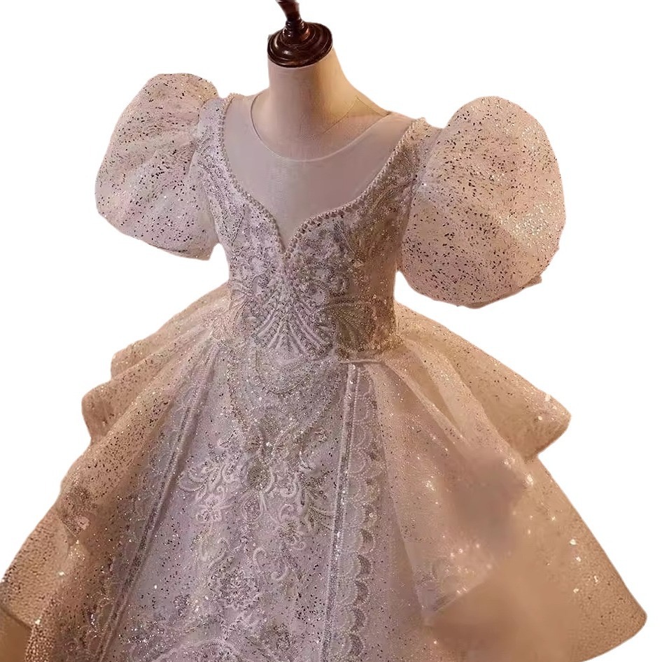 2024 Gorgeous Flower Girl Dresses For Wedding Sheer cap Sleeve Lace Applique Back Girls Pageant Gowns Princess Dresses Party Princess Dress Children k