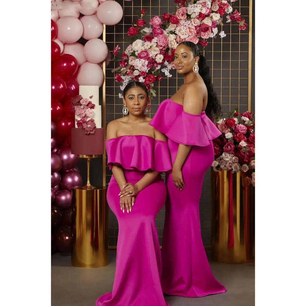 Size Plus Made Bridesmaid Fuchsia Dresses Custom Off The Shoulder Ruched Floor Length Maid Of Honor Gown African Wedding Guest Party Wear 0510