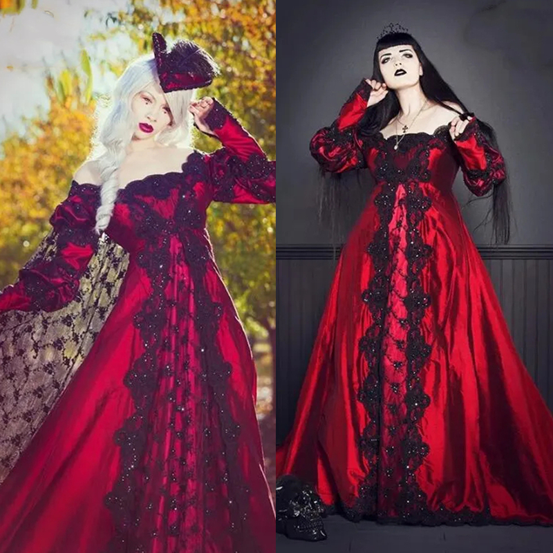 Vintage Black And Red Gothic Wedding Dresses With Detachable Lace Wrap Long Sleeves Ruched Off Shoulder A Line Historical Masquerade Dress For Women