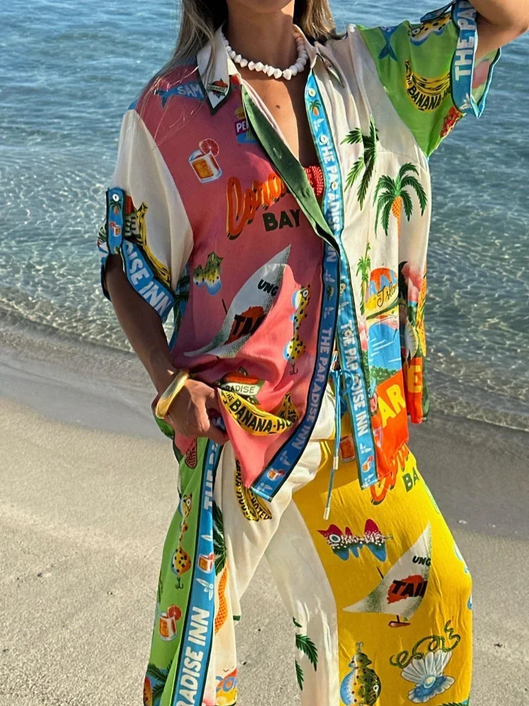 Holiday Print Shirt Womens Suit Fashion Loose Single Breasted Top Female Sets Summer High Waist Wide Leg Pants Set 240423