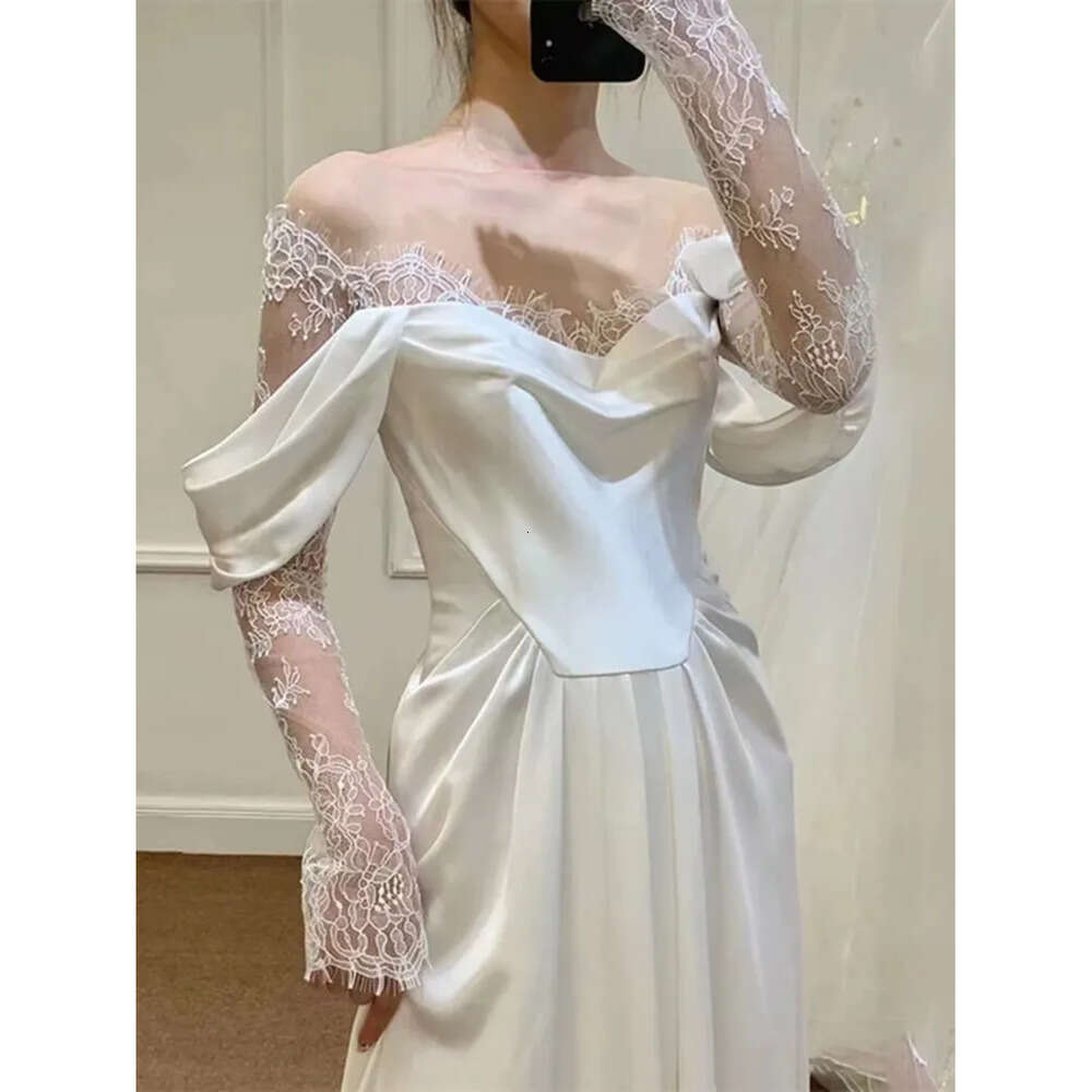 Newest Long White Shoulder Dress Sleeve Off Lace High Slit Or Length Wedding Dresses Romantic Vestido De Novia Es 0914