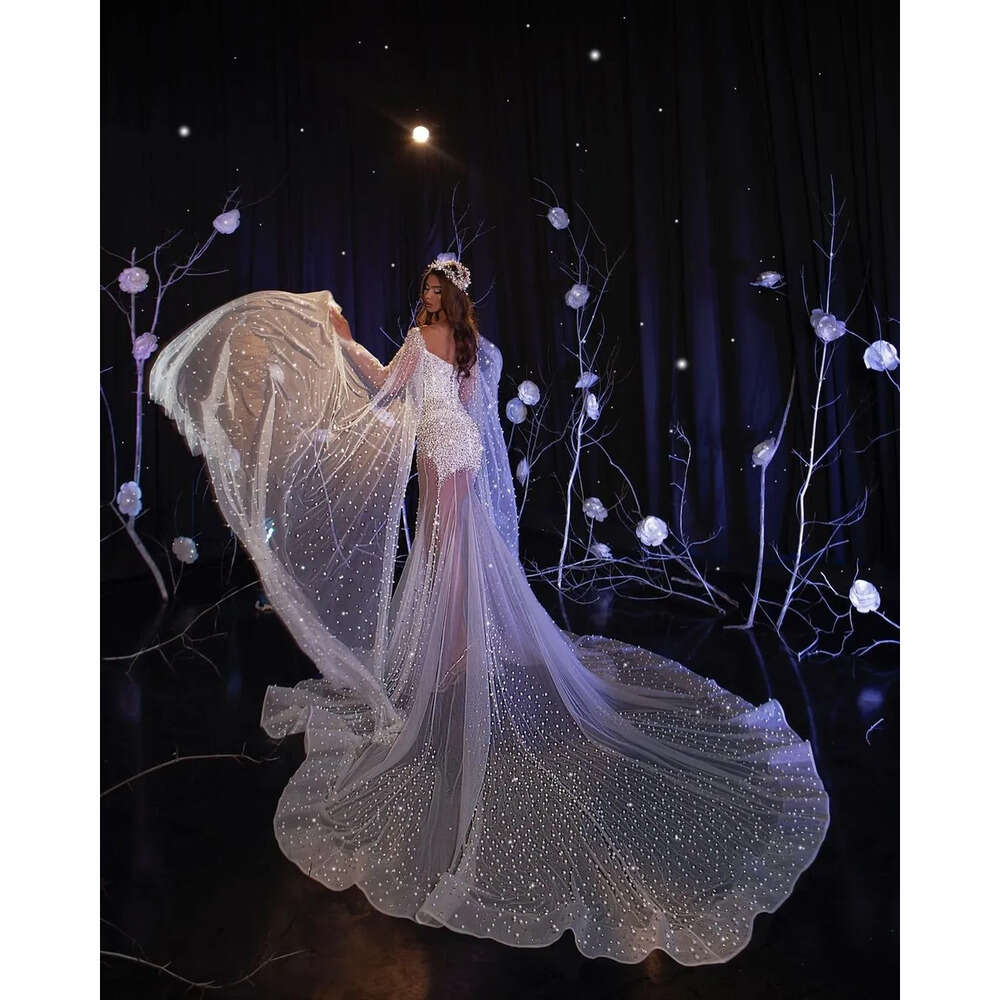 V Neck Wedding Dresses The Off Mermaid Gorgeous Shoulder Long Tulle Sleeves Bead Pearls Chapel Gown Zipper Backless Custom Made Plus Size Vestidos De 