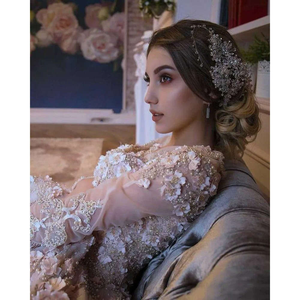 D Pearls Applique With Beaded Dresses Floral Long Sleeves Custom Made Scoop Neck Chapel Train Wedding Gown Vestido De Novia