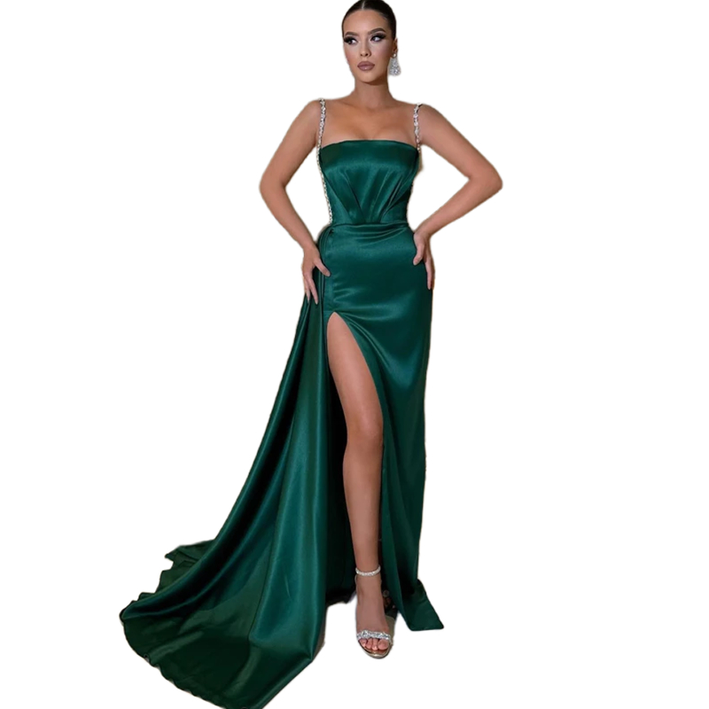 2024 Simple Dark Green Mermaid Evening Dresses Glitter Beaded Straps Sexy High Side Slit Prom Dress Backless Bridesmaid Long Party Gowns Satin Special