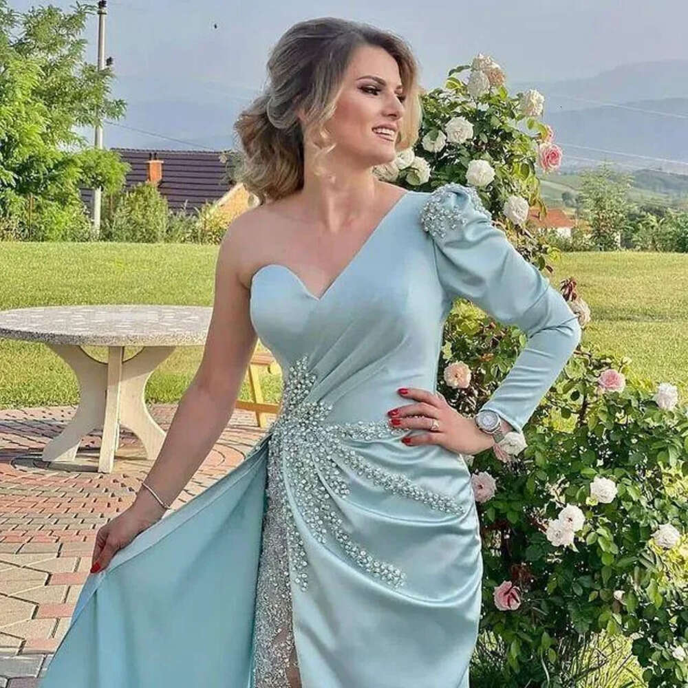 One Shoulder Long Evening Dresses Sleeves Designer Beaded Sequins Lace Ruched Crystals Mermaid Side Slit Custom Made Prom Party Gown Plus Size Vestido