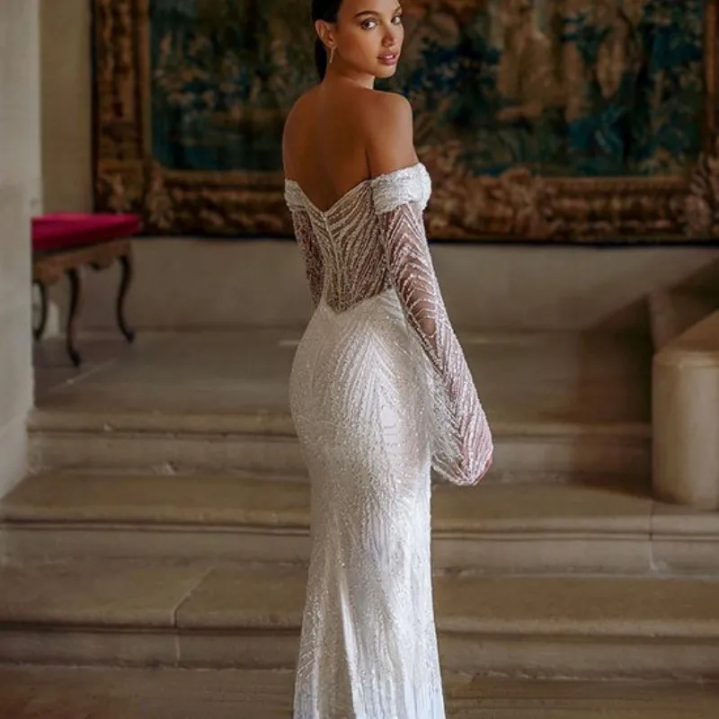 Luxury Sequins Mermaid Wedding Dresses Detachable Train Off Shoulder Long Sleeves Bridal Gown Sexy Side Split Vestido De Novia 2024