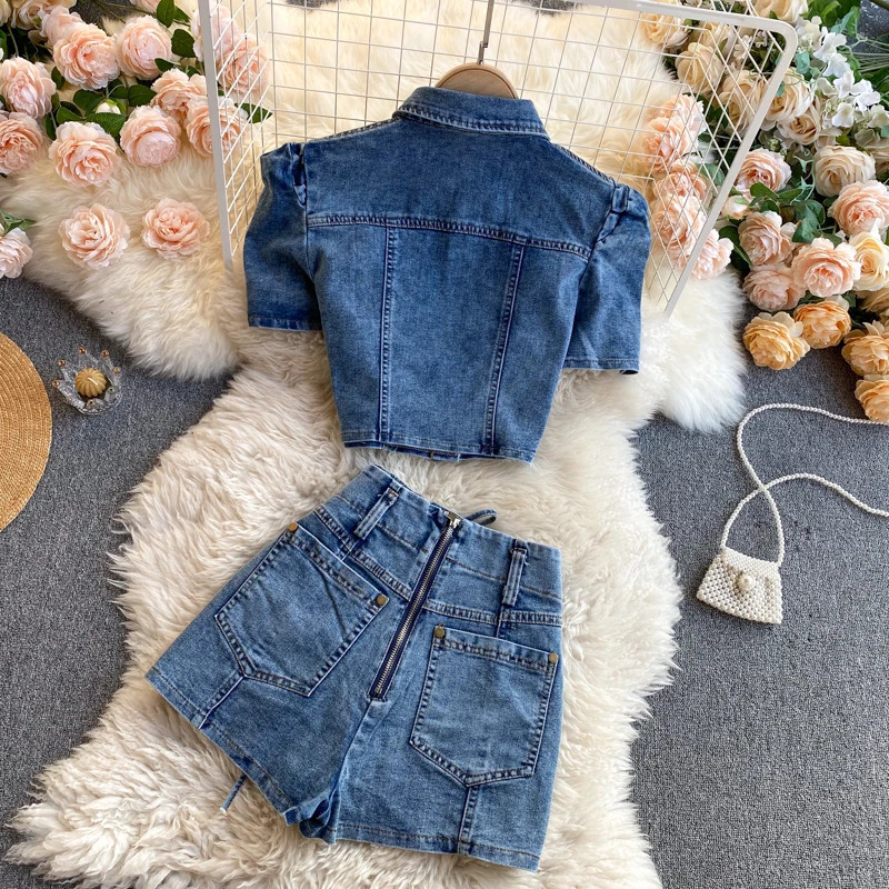 Amolapha Women Hollow out JeansSkirts Sets Short Sleeve Tank Tops Laced Denim Skirt Suits for Woman 240423