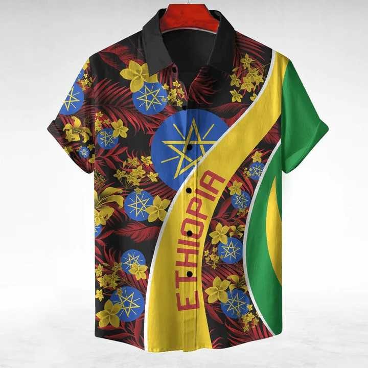 Men's Casual Shirts Ethiopia Africa County Flag Map Short Slve Shirts For Men Clothes Orthodox T National Emblem Graphic Blouses Hawaii Boy Tops 