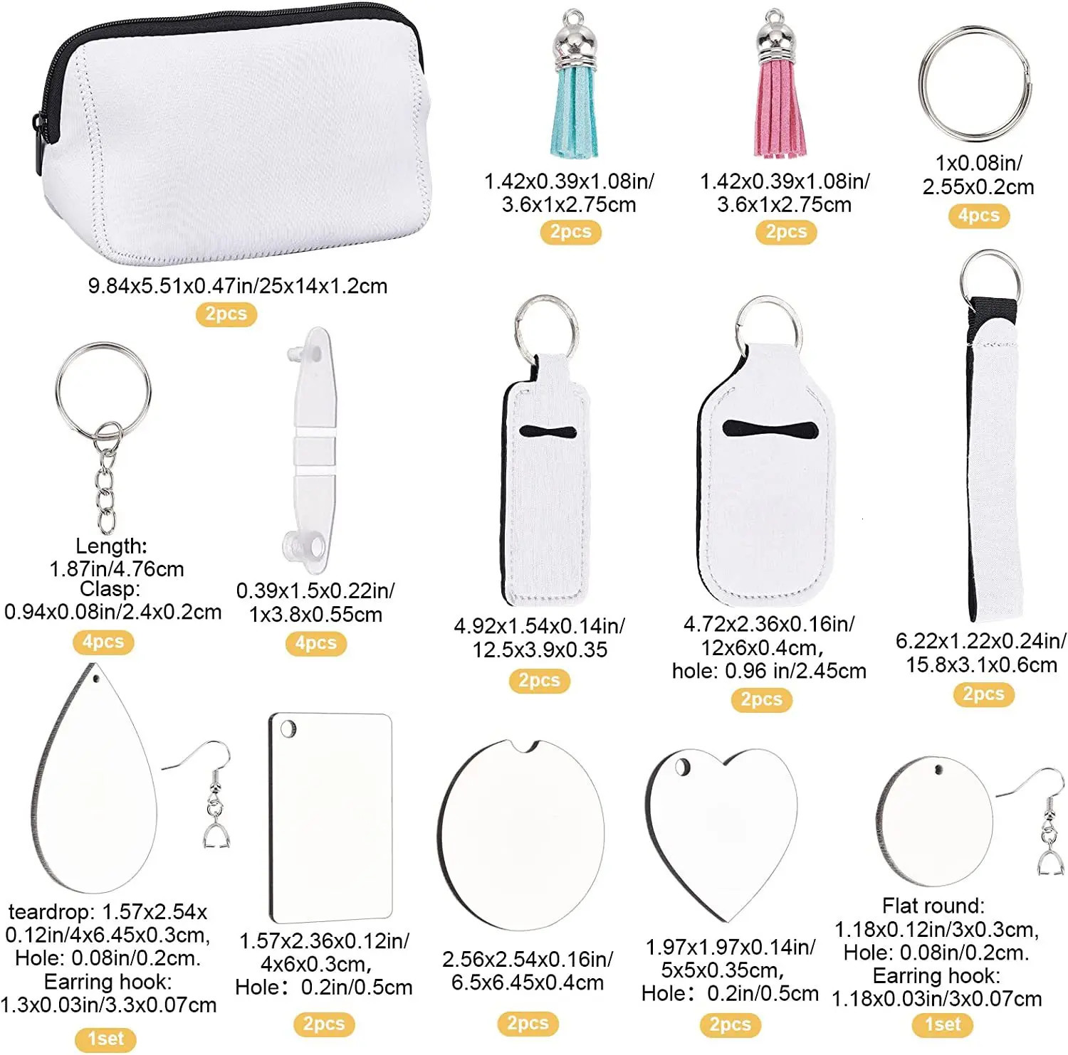 38Pcs/Set Sublimation Blanks Products Set DIY Blank Keychain With Makeup Bags Heat Transfer Keychain Set 240504