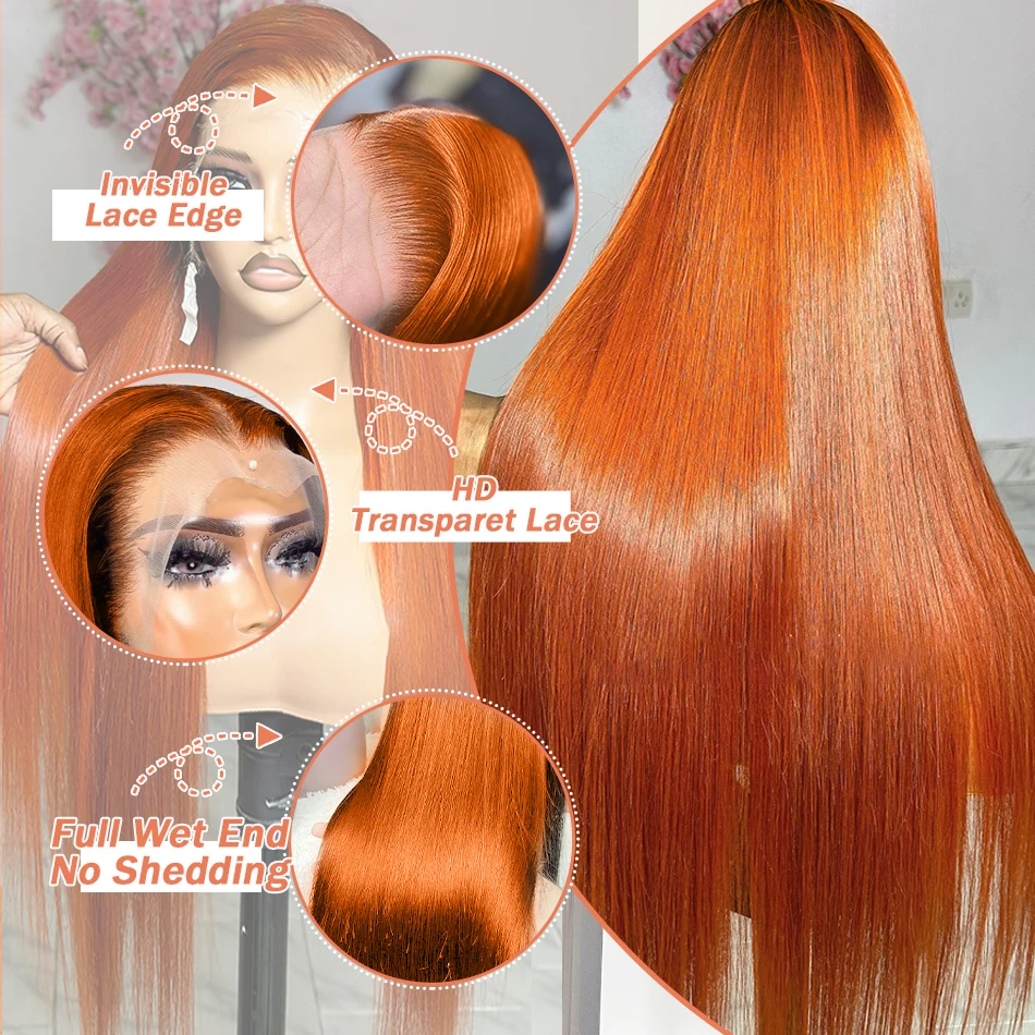 30 Inch Straight Orange Ginger Lace Front Wigs Human Hair 350 Colored Brazilian 13X4HD Transparent Lace Frontal Wigs For Women