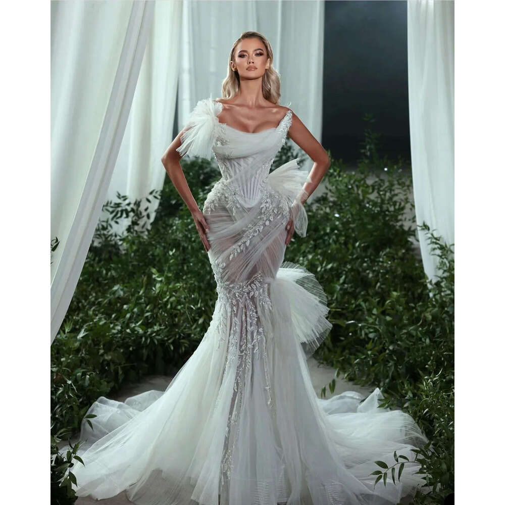 Sleeveless Sexy With Wedding Strapless Dress Mermaid Strpapless Lace Illusion Bodice Organza Applique Formal Ocn Custom Made Tulle Or-Length 0914