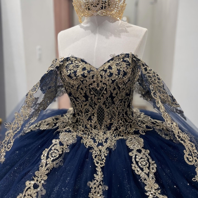 Navy Blue Quinceanera Dresses For 16 Girl Off the Shoulder Gold Appliques Beads Princess Ball Gowns Birthday Prom Vestidos De XV 15 Anos