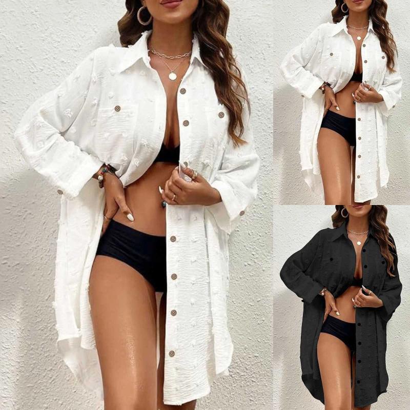 Fashion Summer Womens Shirt Swimsuit Cover Up Long Sleeve Cardigan Solid Colour Loose Casual Button Blouse