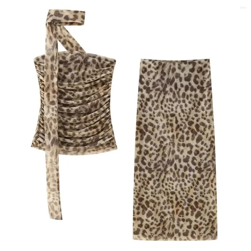 Work Dresses Women Fashion 2 Piece Set Tulle Leopard Pleated Tops Vintage High Waist Midi Skirt Female Chic Lady Skirts