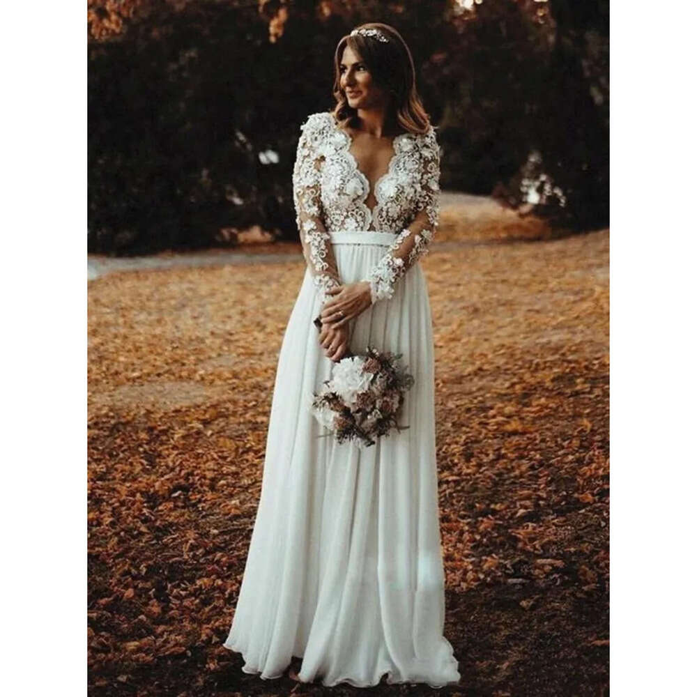 Beach Long Sleeves Boho Wedding Dresses Bridal Gown Chiffon Side Slit Sexy Scalloped D Floral Applique Floor Length Illusion Bodice Custom Made Vestid