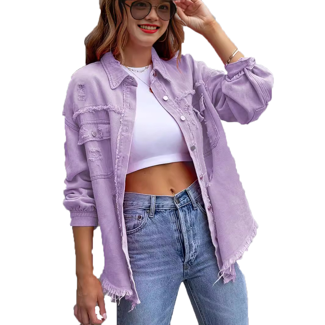 womens jacket designer coat denim jacket white Casual Lapel Neck Long Sleeve Regular Single Breasted Polyester Ruched Solid color Reguar Autumn S 2XL 