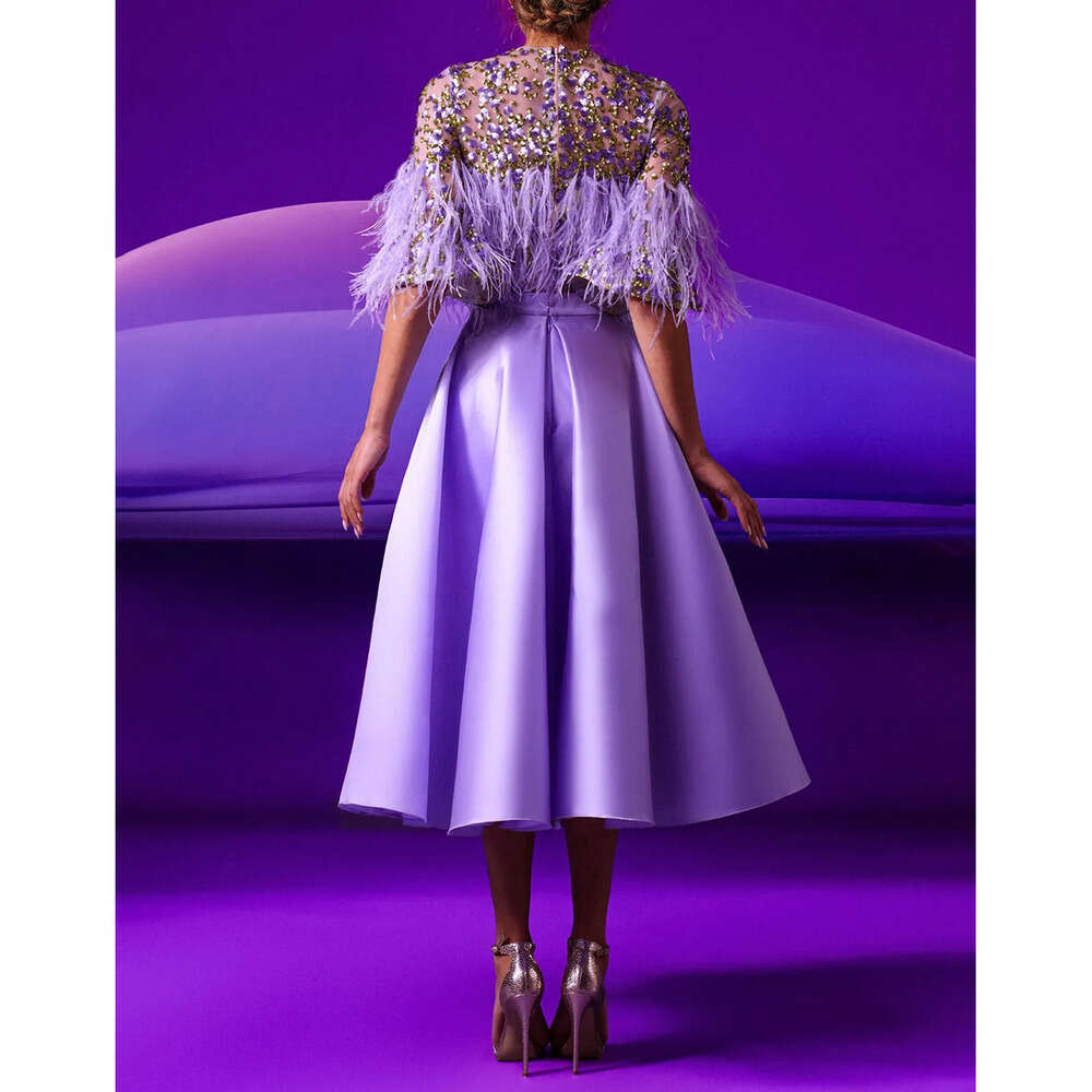 A Line Sequins Elegant Jewel Beads Dresses Prom Feathers Short Sleeves Satin Tea Length Zipper Custom Made Plus Size Party Dress Vestido De Noite