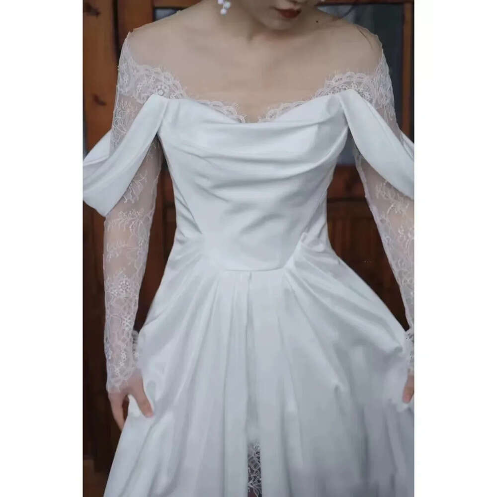 Newest Long White Shoulder Dress Sleeve Off Lace High Slit Or Length Wedding Dresses Romantic Vestido De Novia Es 0914