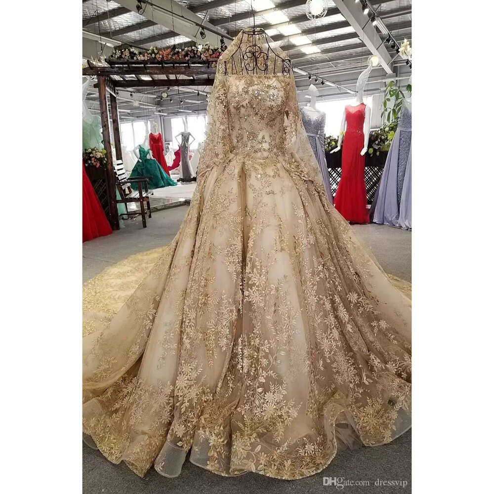 Sleeves Gown Champagne Dresses Half Bridal Wedding Scoop Necckline Lace Applique Beaded Tulle Chapel Train A Line Custom Made Plus Size Vestido De Nov