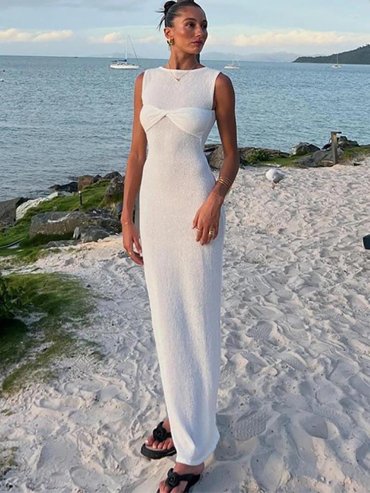 Casual Dresses Knitted Round Neck Ruched Women Maxi Dress Sleeveless See Through Female Summer Skinny Elegant Party Beachwear