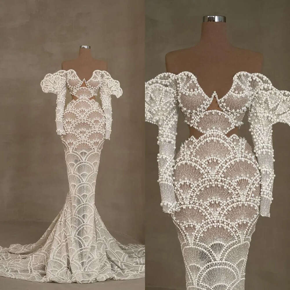The Mermaid Off Dresses Shoulder Sweetheart Wedding Designer Pearls Lace On Tulle Court Custom Made Plus Size Bridal Gown Vestidos De Novia