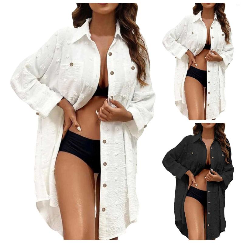 Fashion Summer Womens Shirt Swimsuit Cover Up Long Sleeve Cardigan Solid Colour Loose Casual Button Blouse