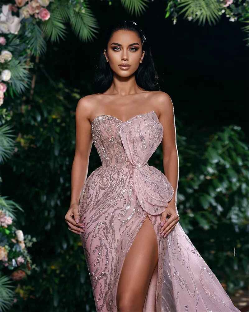 Evening Dresses Ful Strapless Sequins High Split Prom Gowns Detachable Train Sleeveless Party Dress Custom Made Vestidos De Noche