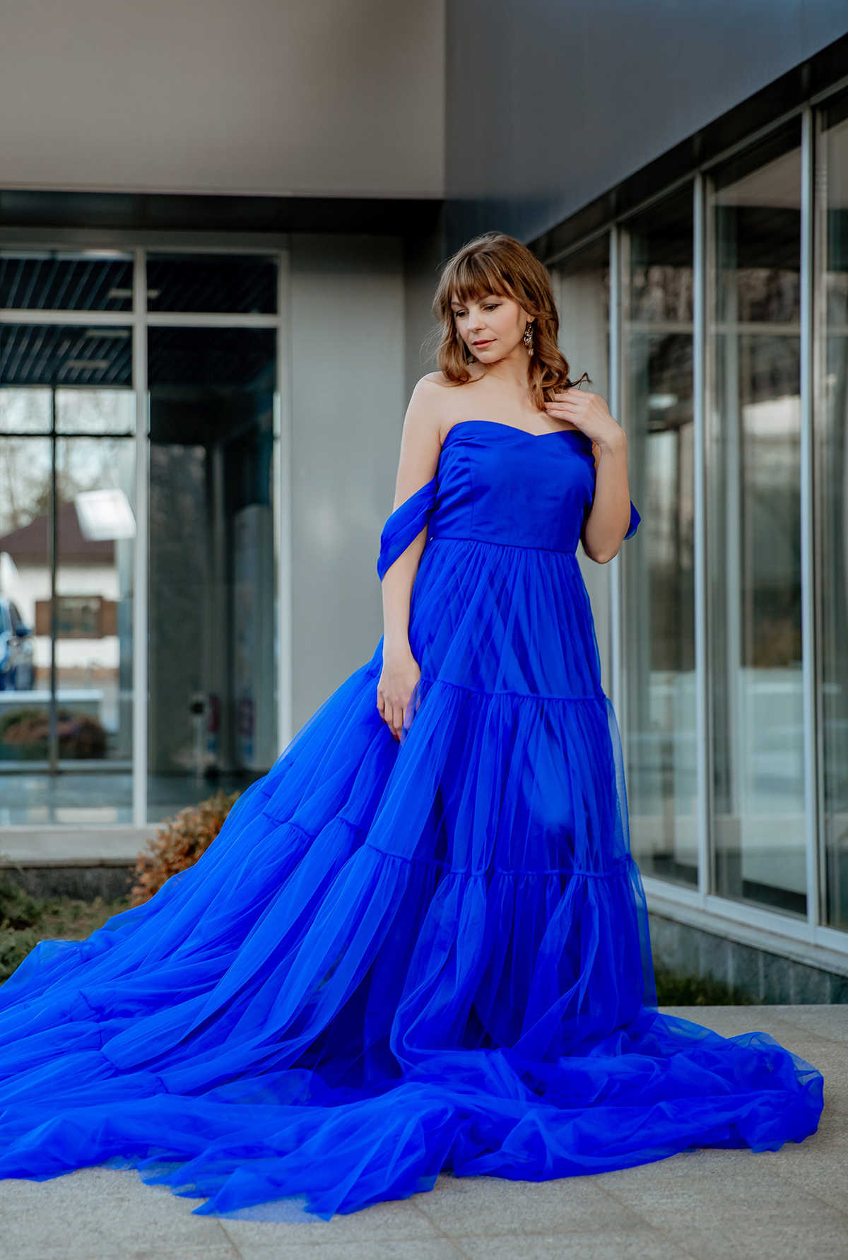 Deep Blue A-Line Prom Strapless Short Sleeve Sweep Train Pick-ups Tiered Celebrity Evening Dresses Plus Size Custom Made L24654 0508