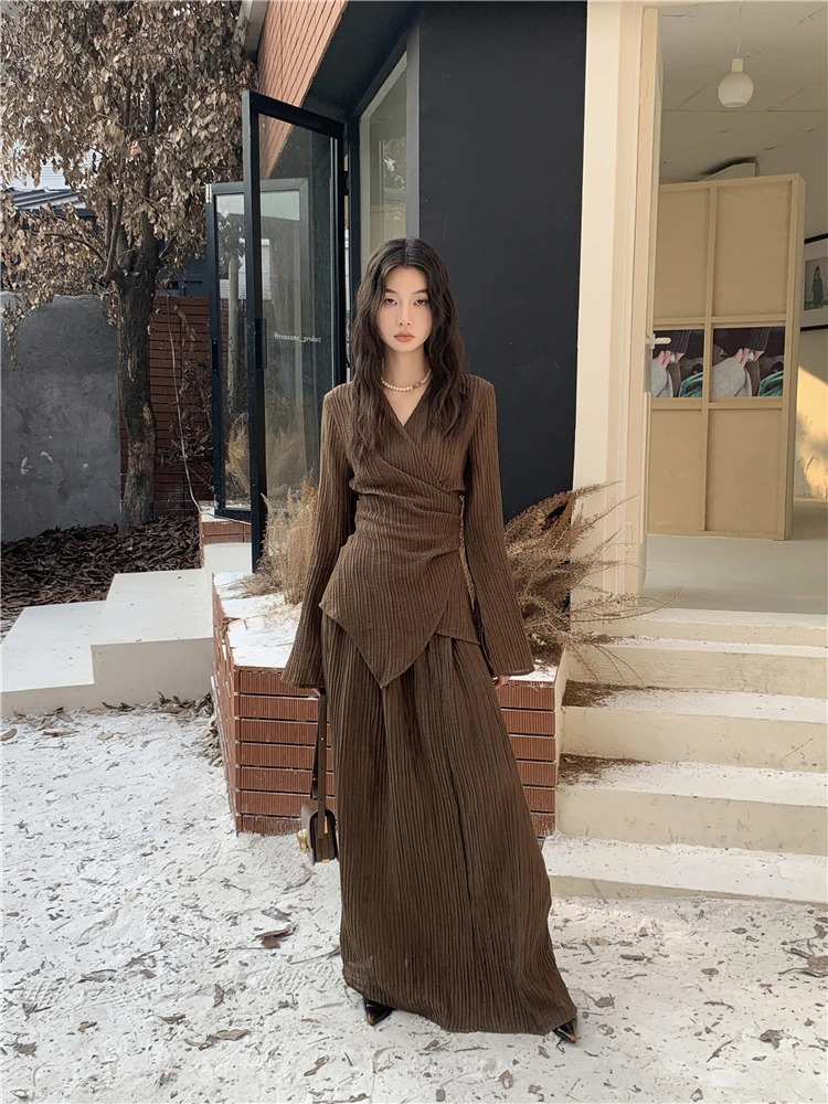 CHEERART Brown Pleate Elegant 2 Piece Sets Women Outfit V Neck Long Sleeve Cardigan Top And Maxi Skirt Set Fall Clothes 240423