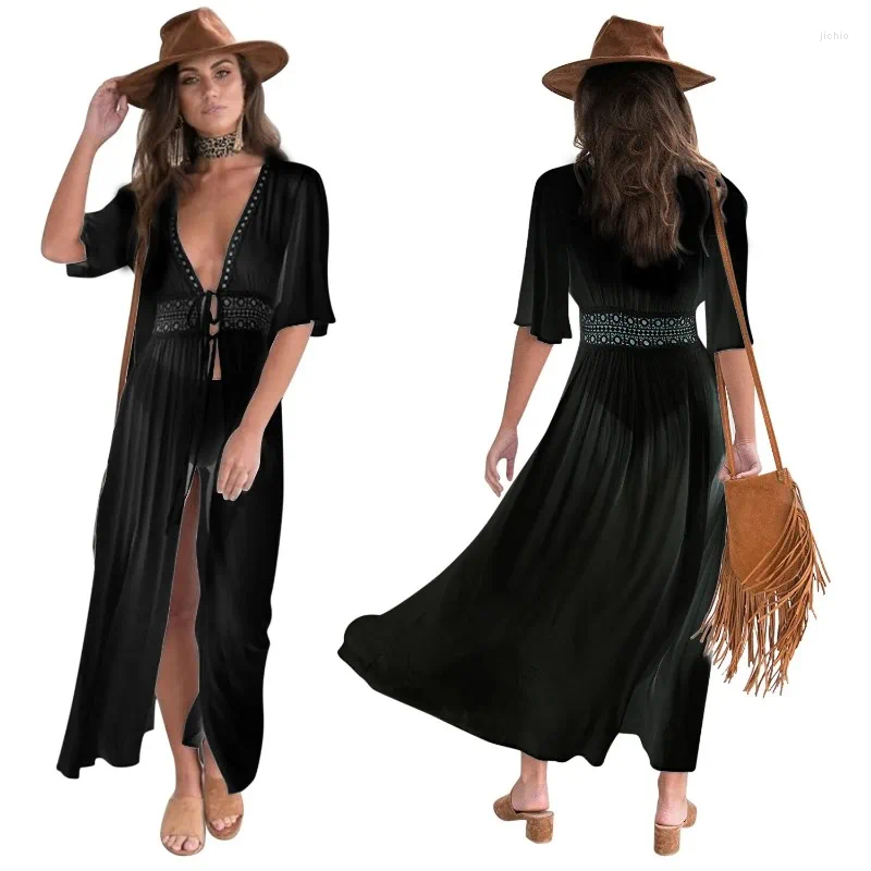 Womens Summer Cover-Ups Black Color Sexy Lace Chiffon Beach Swimsuit Cardigan Jacket Bikini Short Sleeve Sun Protection Cloth