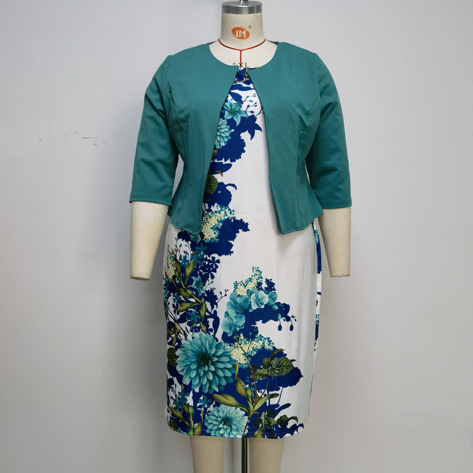 Plus Size Floral Print Turkey Style Office Ladies Coat and Dress Suit For Women 240422