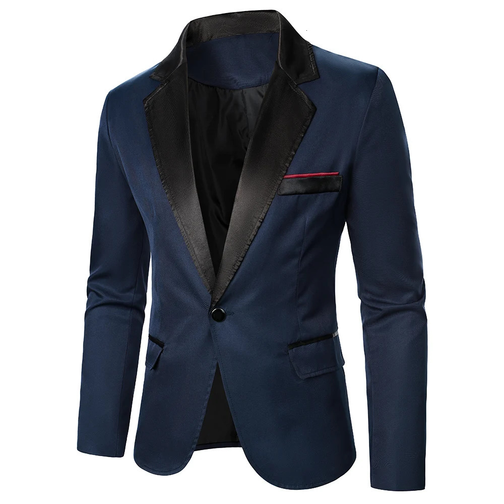Men Blazer Decorative Chest Pocket Contrast Color Satin Collar Causal Formal Daily Wedding Long Sleeve One Button 240430
