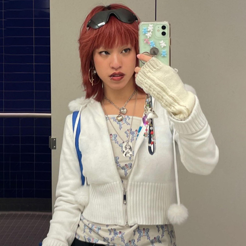 Women's Jackets Y2K Grunge Fur Knitted Jackets Double Zipper Vintage Cropped Coat Women Harajuku Aesthetic Cute Chic Jumpers Korean Outfits 23112