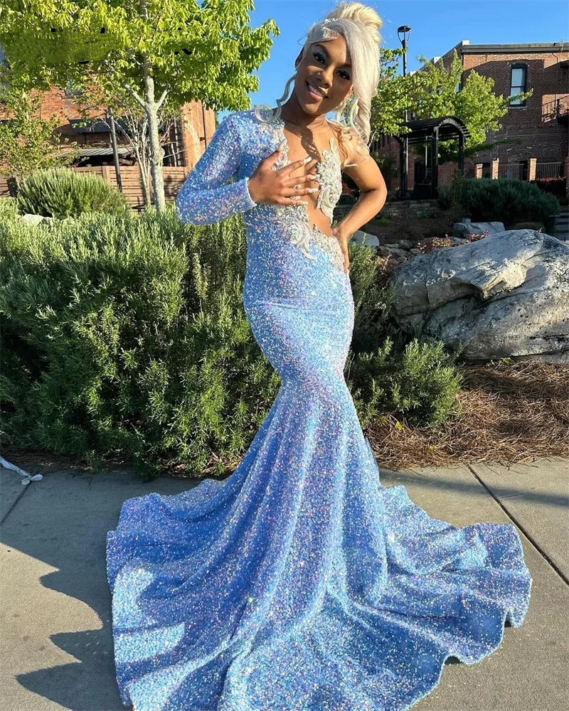 Sparkly Sky Blue Prom Glitter Crystal Beads Rhinestones Sequins Gown Graduation Birthday Party Dress For Black Girls